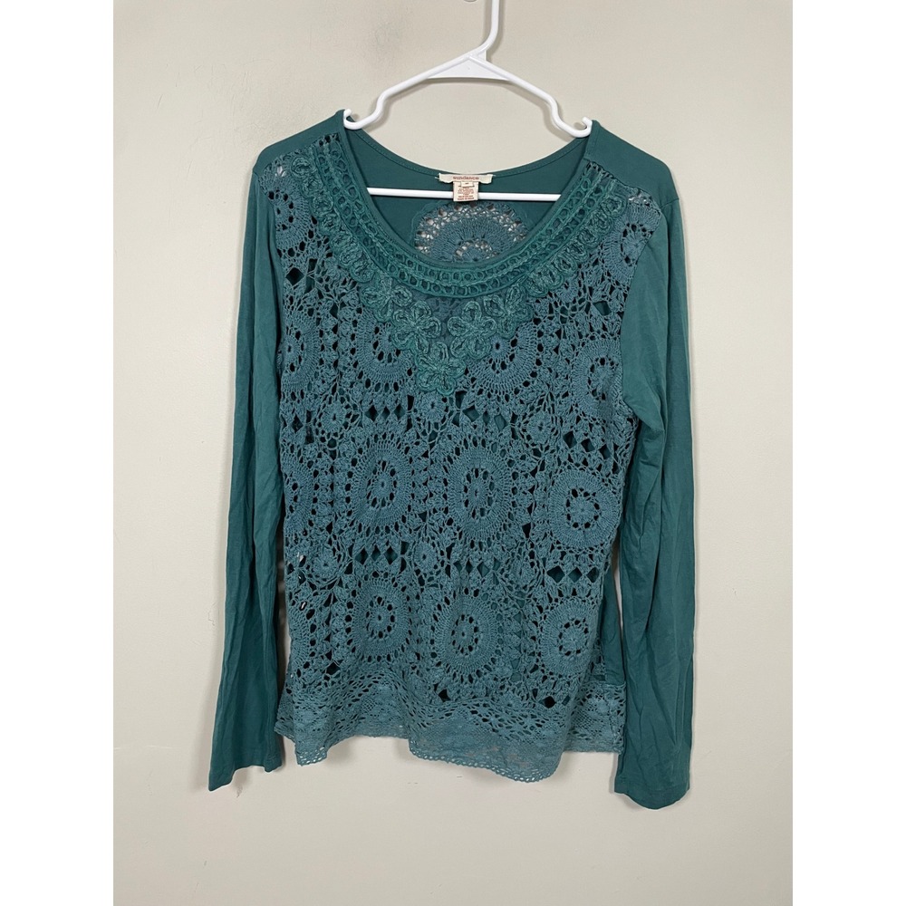Sundance Crochet Mixed Media Long Sleeve in Green Size Medium Boho Artsy Casual